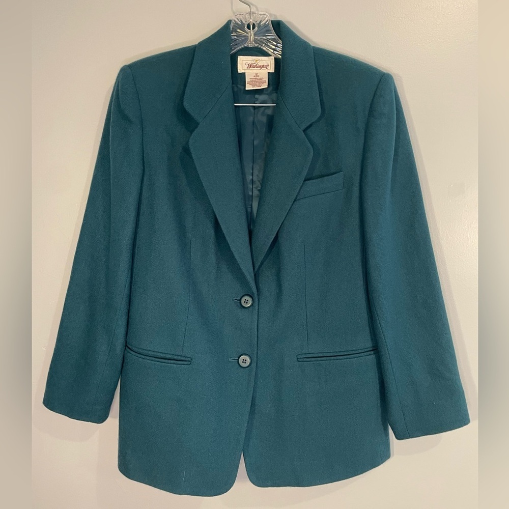 Vintage Worthington Women’s Blazer 100%  Wool Teal Size 4P Petite Office Blue